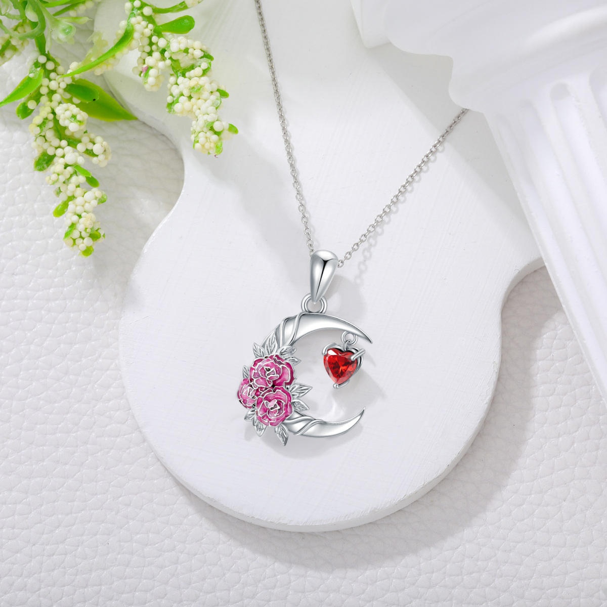 Sterling Silver Two-tone Cubic Zirconia Birth Flower & Carnation & Moon Pendant Necklace-3