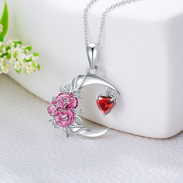 Sterling Silver Two-tone Cubic Zirconia Birth Flower & Carnation & Moon Pendant Necklace-4