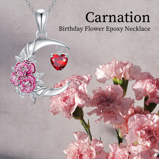 Sterling Silver Two-tone Cubic Zirconia Birth Flower & Carnation & Moon Pendant Necklace-5