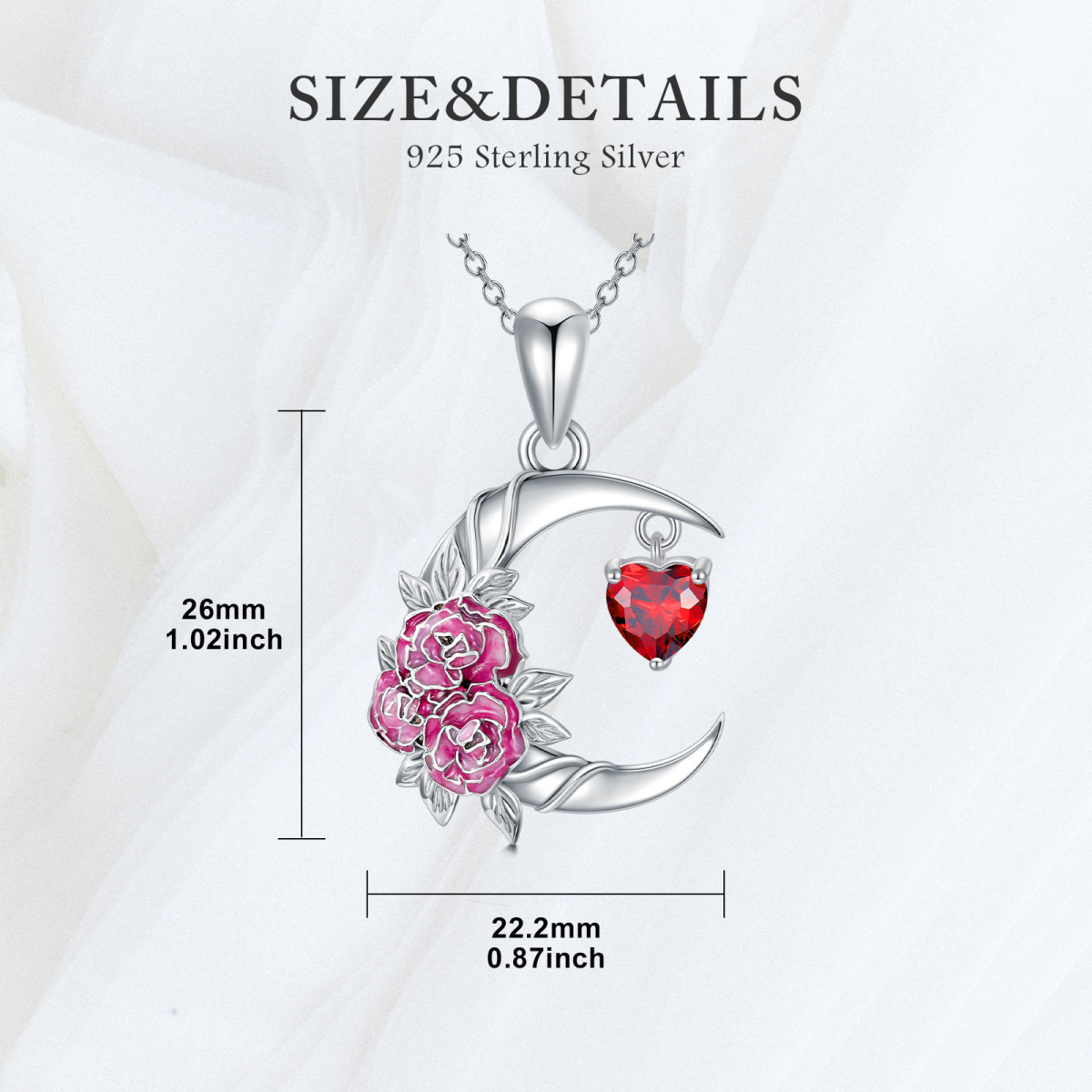 Sterling Silver Two-tone Cubic Zirconia Birth Flower & Carnation & Moon Pendant Necklace-6