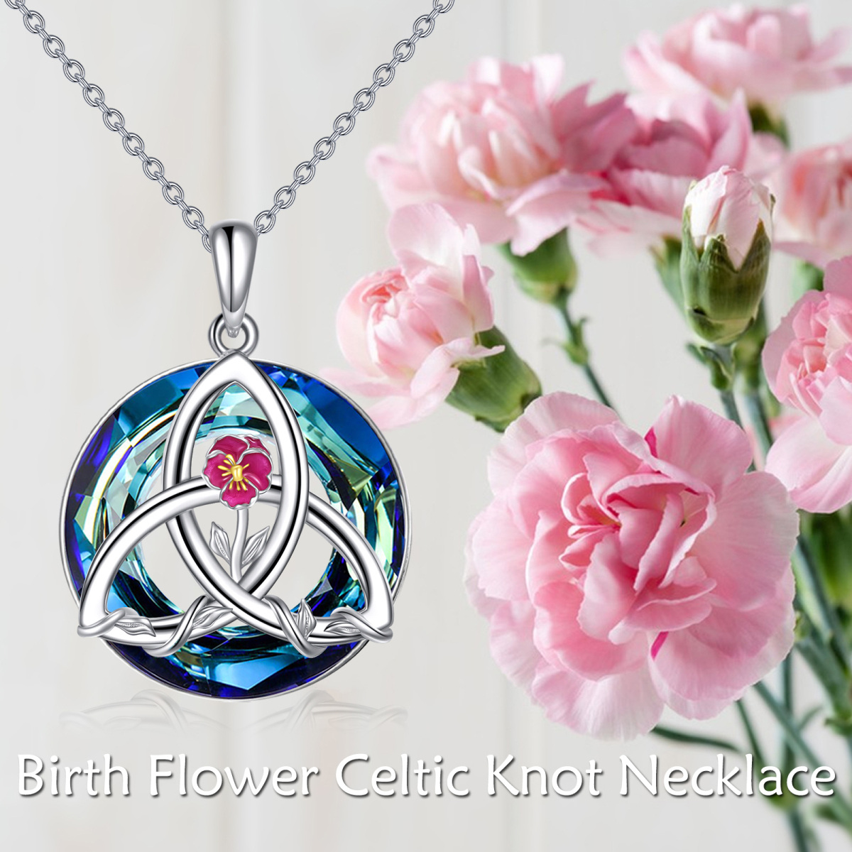 Sterling Silver Two-tone Birth Flower & Celtic Knot Crystal Pendant Necklace-6