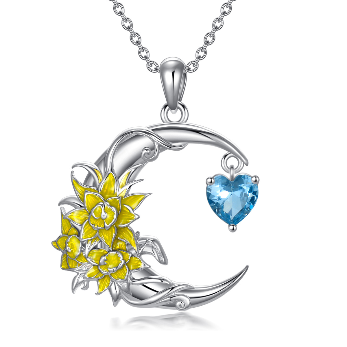 Sterling zilveren hartvormige cubic zirconia narcis & hart & maan hanger ketting-1