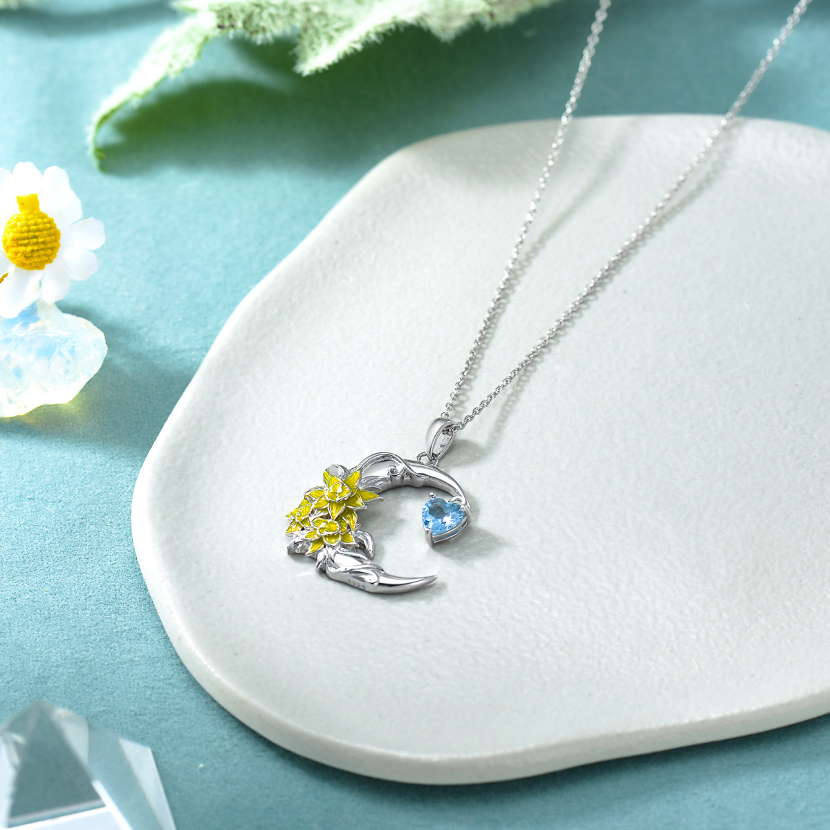 Sterling Silver Heart Shaped Cubic Zirconia Daffodil & Heart & Moon Pendant Necklace-3