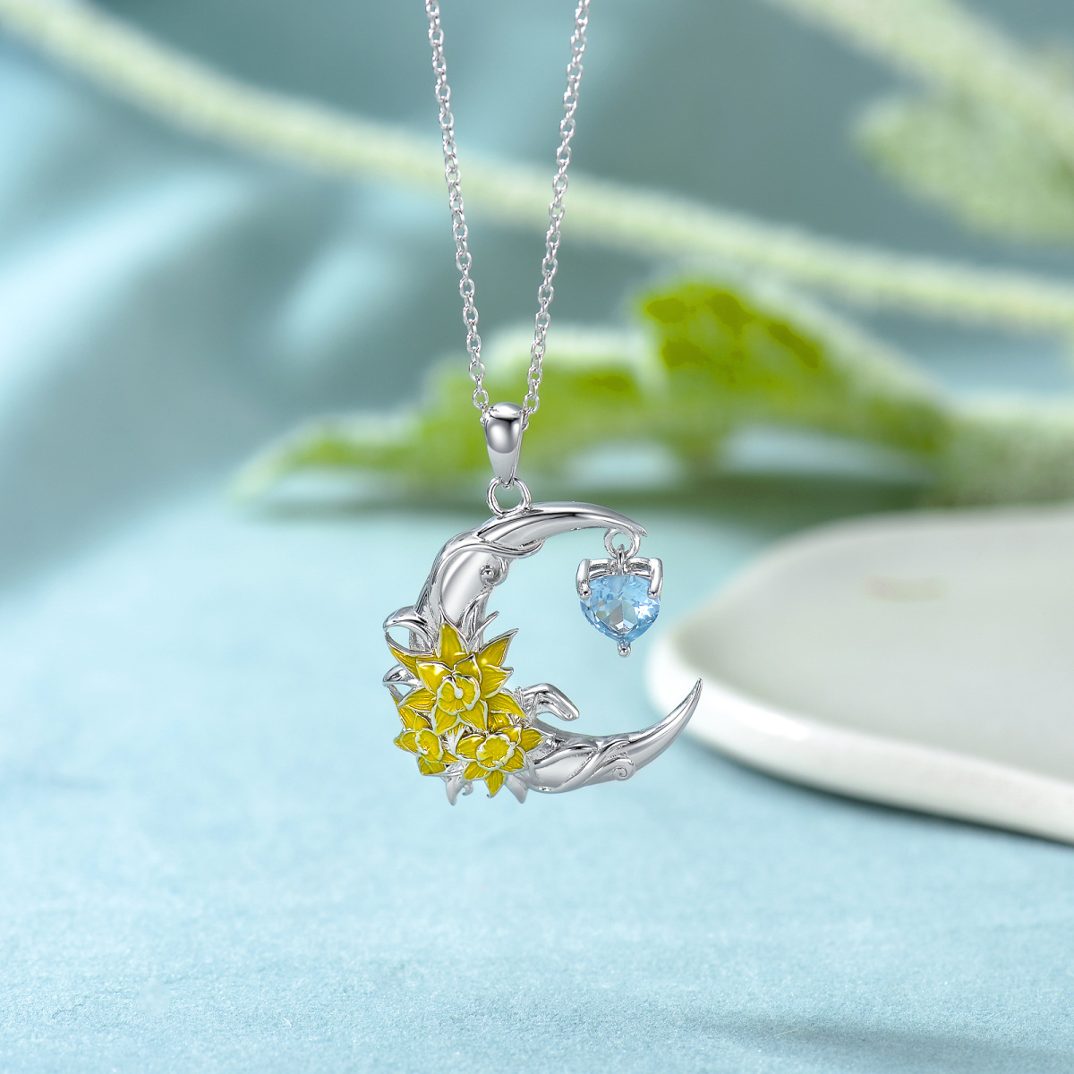 Sterling Silver Two-tone Cubic Zirconia Birth Flower & Daffodil & Moon Pendant Necklace-4