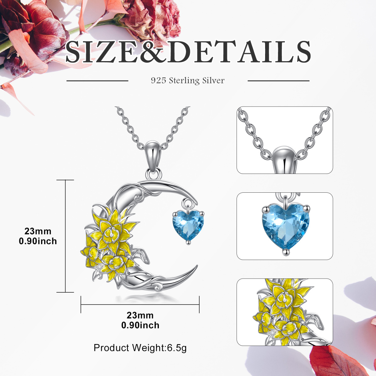 Sterling Silver Heart Shaped Cubic Zirconia Daffodil & Heart & Moon Pendant Necklace-5