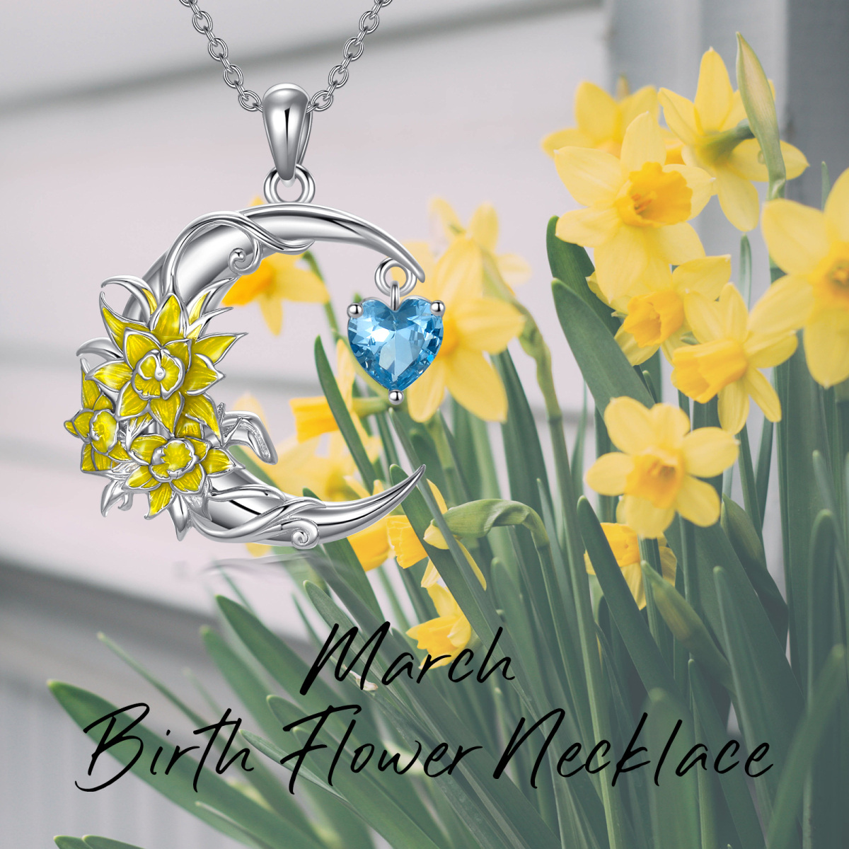 Sterling Silver Two-tone Cubic Zirconia Birth Flower & Daffodil & Moon Pendant Necklace-5