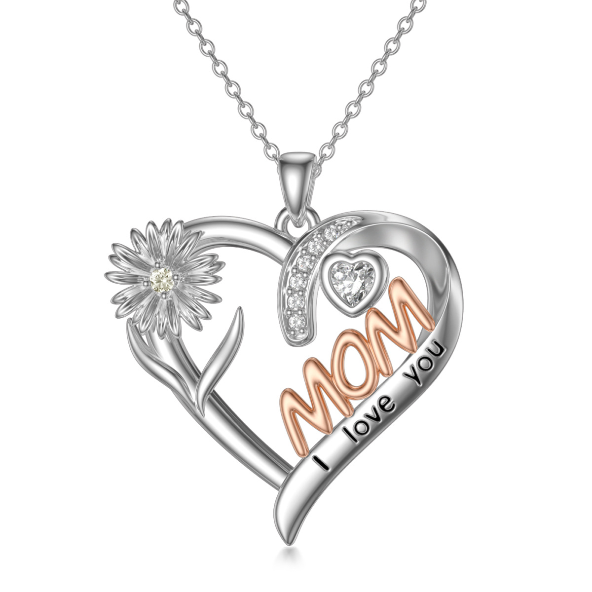 Sterling Silver Two-tone Cubic Zirconia Birth Flower & Heart Pendant Necklace with Engraved Word-1