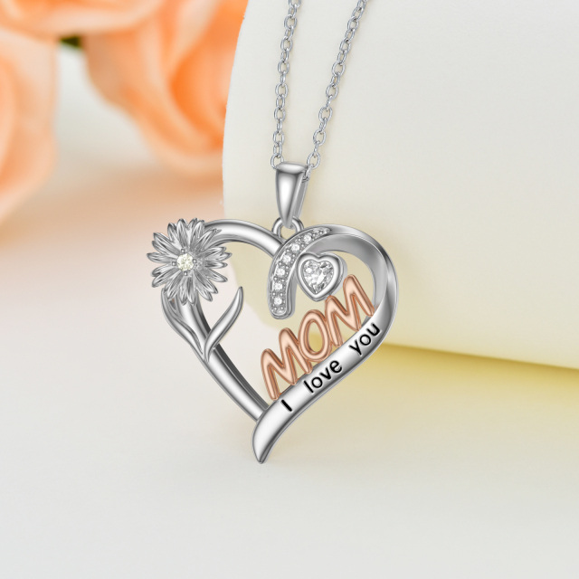 Collar con colgante de corazón con flor de nacimiento y circonita cúbica de dos tonos en plata de ley con palabra grabada-3