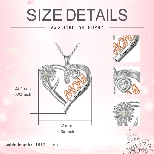 Sterling Silver Two-tone Cubic Zirconia Birth Flower & Heart Pendant Necklace with Engraved Word-5