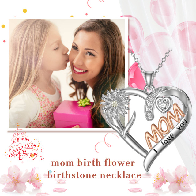 Sterling Silver Two-tone Cubic Zirconia Birth Flower & Heart Pendant Necklace with Engraved Word-6