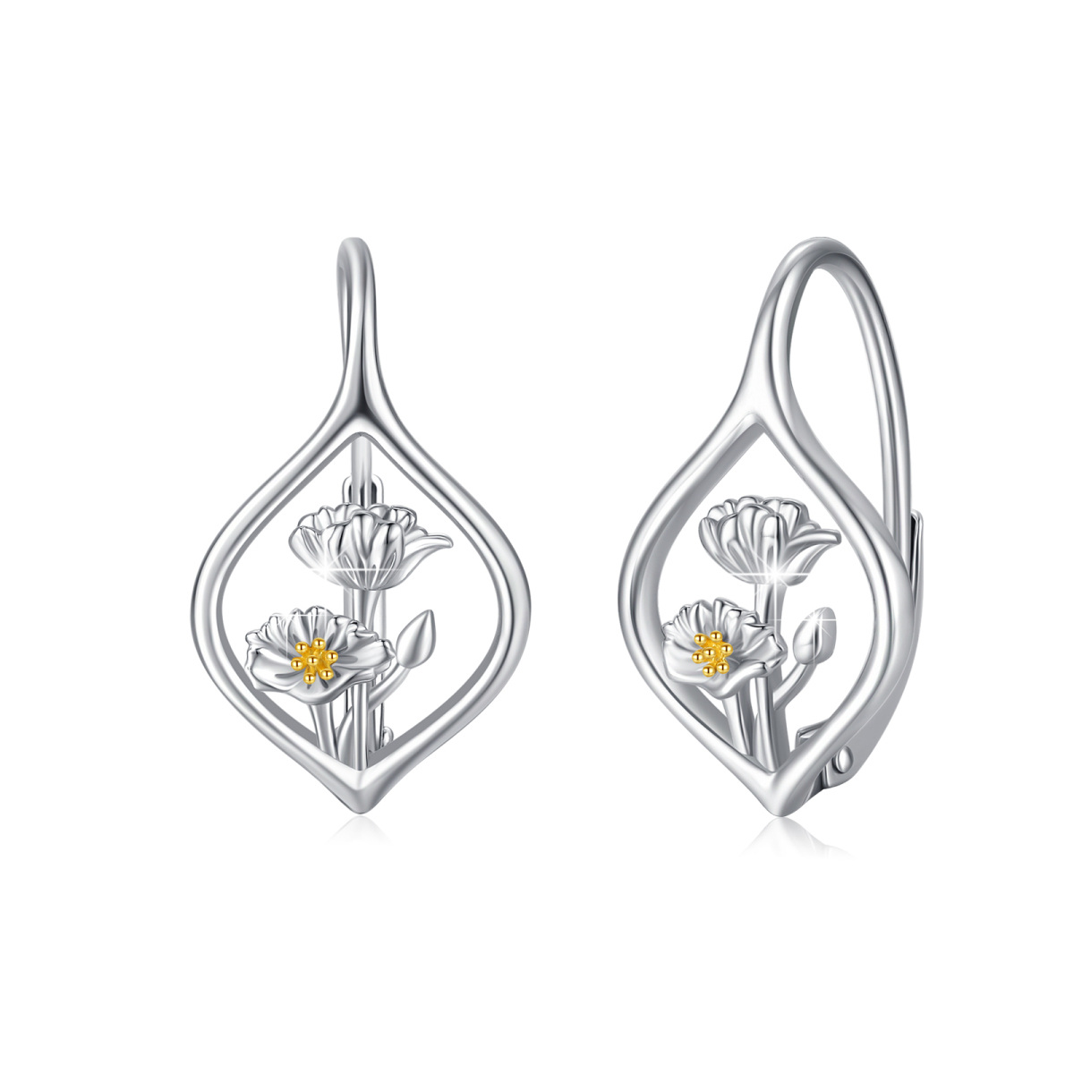 Sterling Silver Two-tone Birth Flower Lever-back Earrings-1