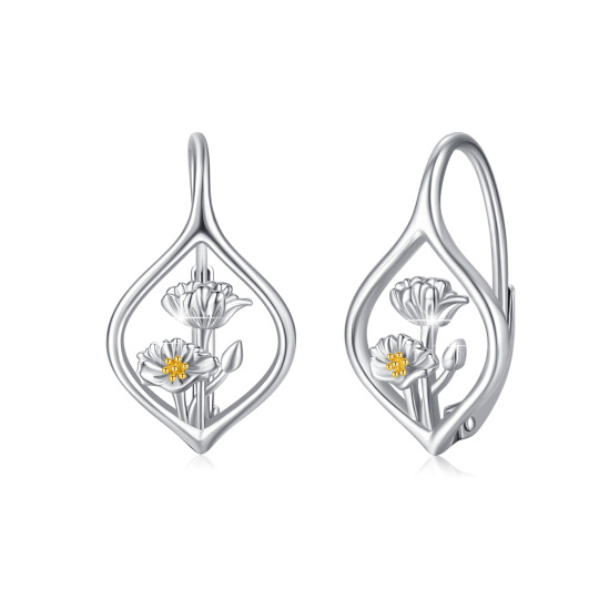 Sterling Silver Two-tone Birth Flower Lever-back Earrings