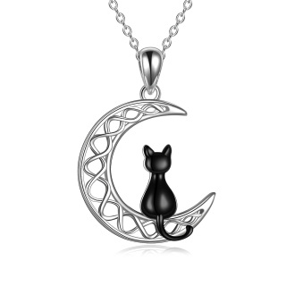 Sterling Silver Two-tone Black Cat & Celtic Knot Moon Pendant Necklace-60