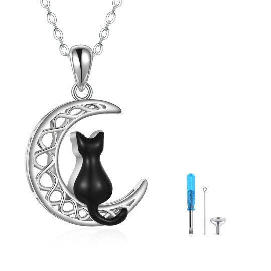 Collier pour cendres en argent sterling bicolore chat noir nœud celtique et lune