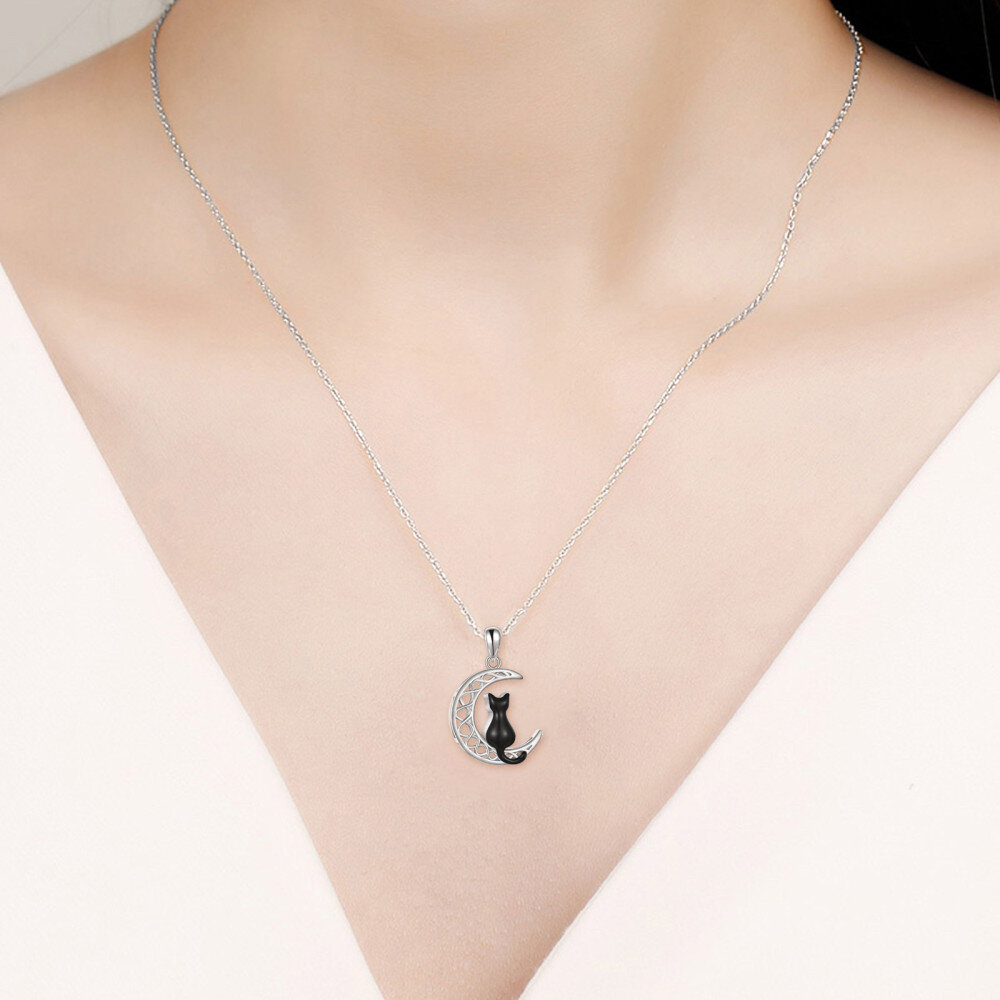 Sterling Silver Two-tone Black Cat Celtic Knot & Moon Urn Necklace for Ashes-2
