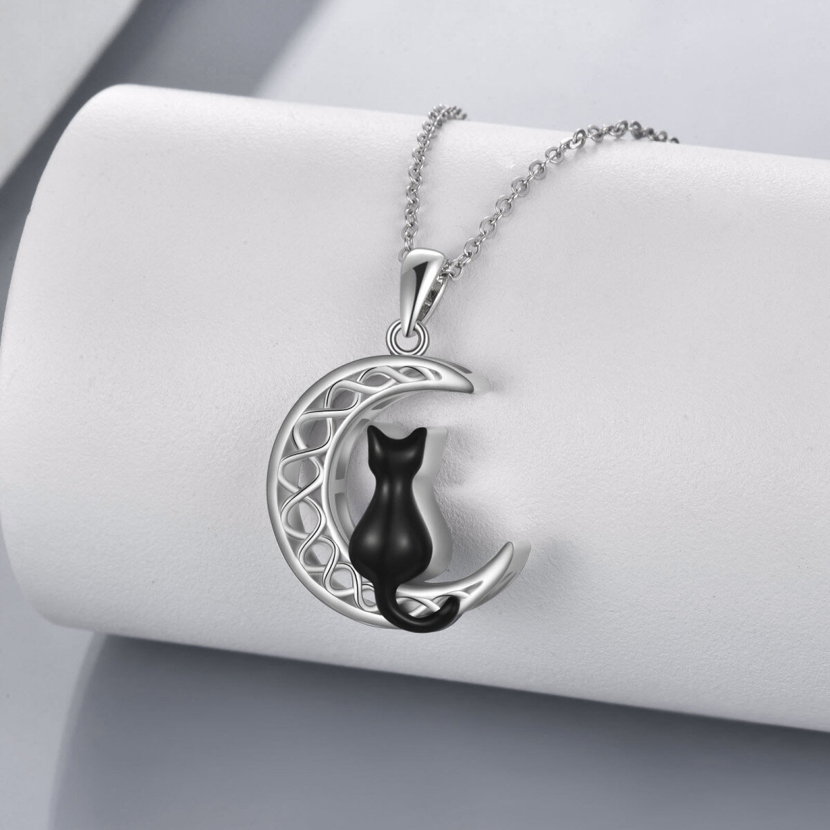 Collier pour cendres en argent sterling bicolore chat noir nœud celtique et lune-3