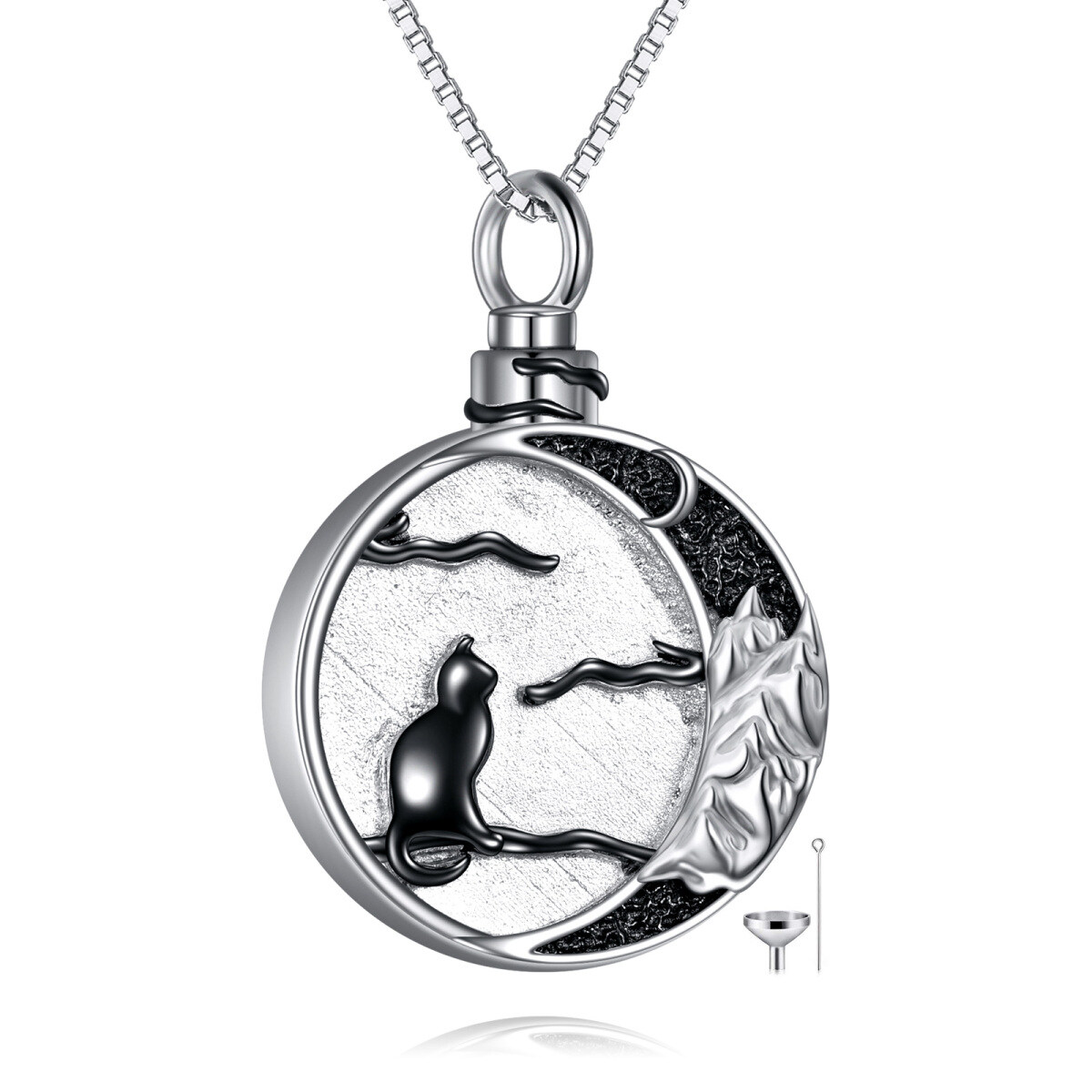 Collana con urna per ceneri in argento sterling bicolore con gatto nero e luna e montagne-1