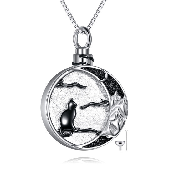 Collier d'urne pour cendres en argent sterling bicolore chat noir. lune et montagnes