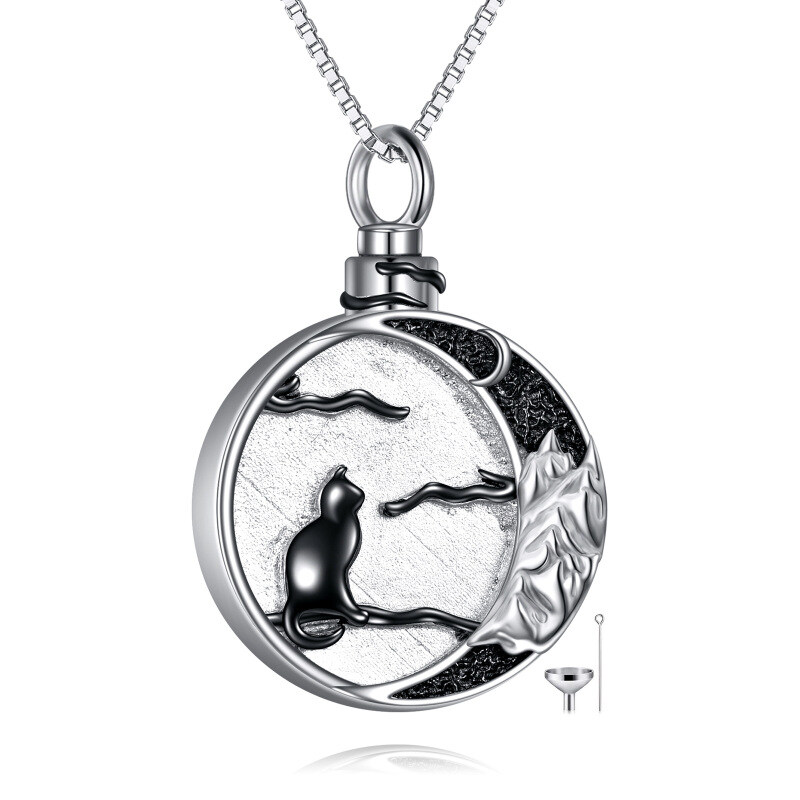 Collier d'urne pour cendres en argent sterling bicolore chat noir. lune et montagnes-1