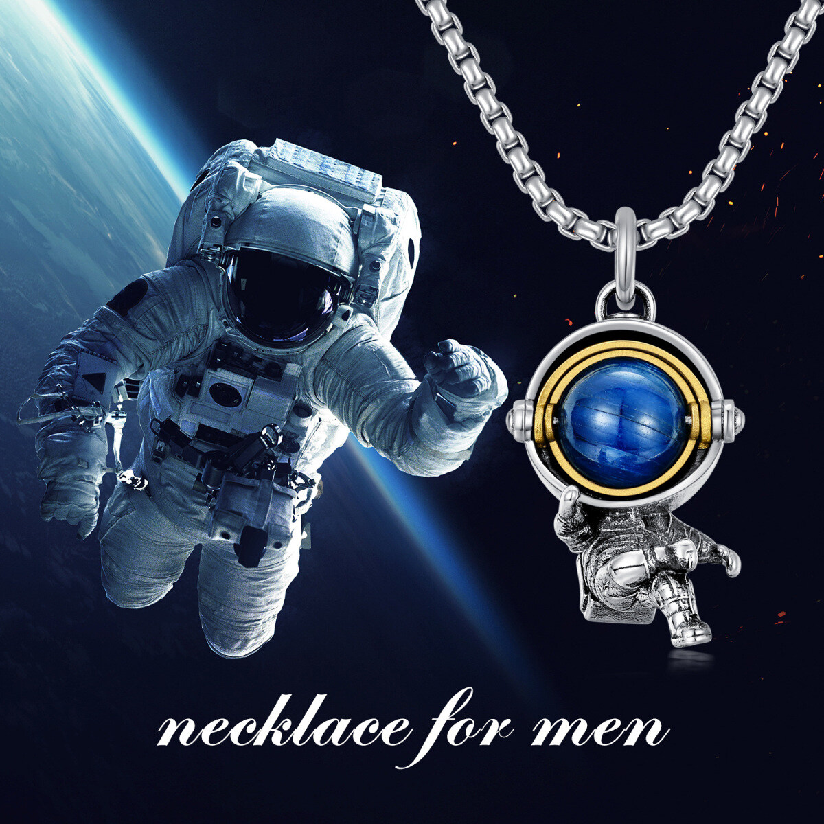 Sterling Silver Two-tone Blue Sandstone Astronaut Pendant Necklace-5