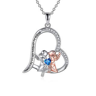 Sterling Silver Two-tone Blue Cubic Zirconia Sisters Heart Engraved Necklace for Women-1