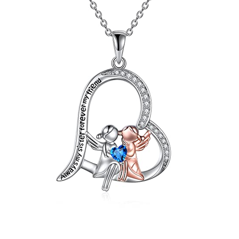 Sterling Silver Two-tone Blue Cubic Zirconia Sisters Heart Engraved Necklace for Women-5
