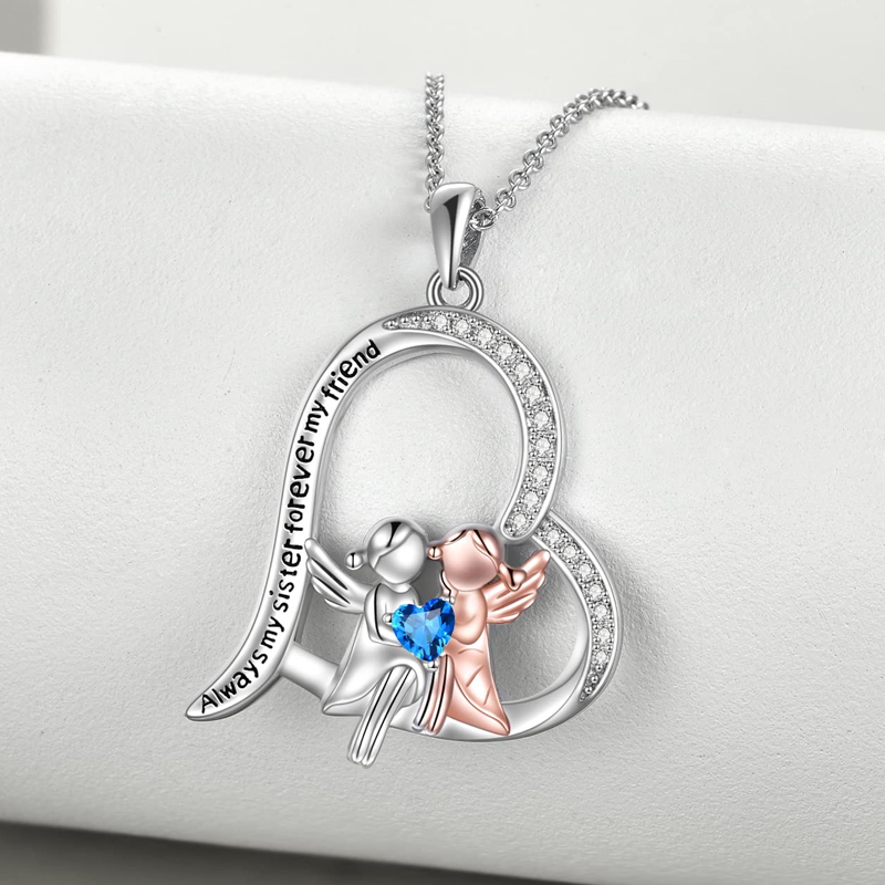 Sterling Silver Two-tone Blue Cubic Zirconia Sisters Heart Engraved Necklace for Women-3