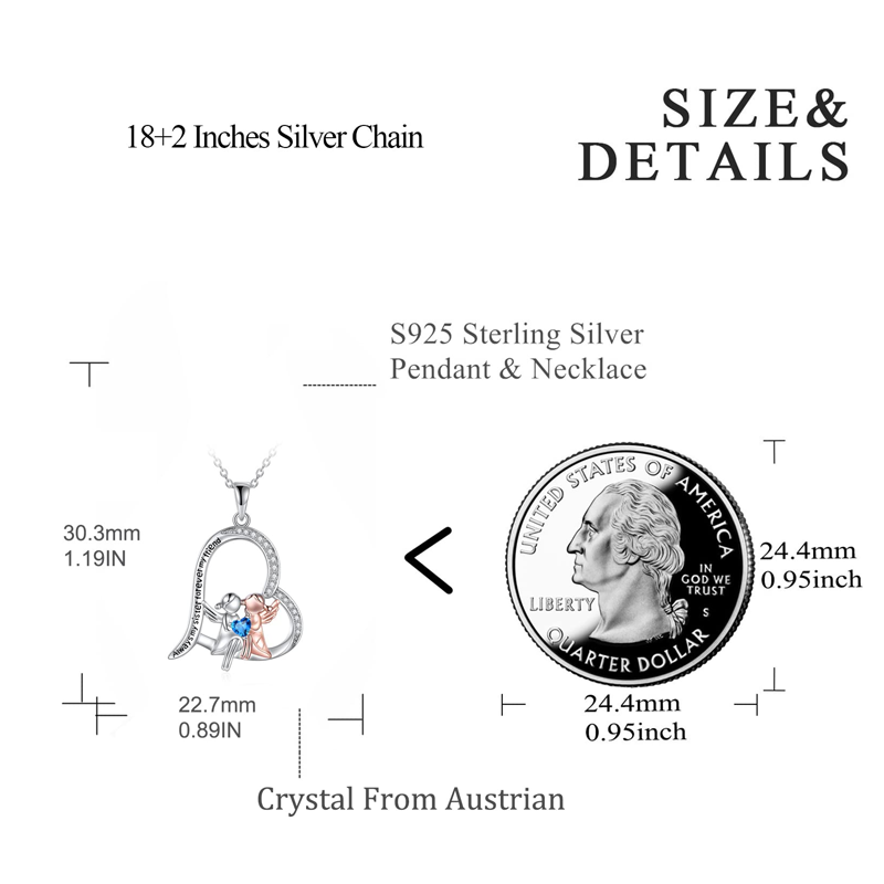 Sterling Silver Two-tone Blue Cubic Zirconia Sisters Heart Engraved Necklace for Women-4