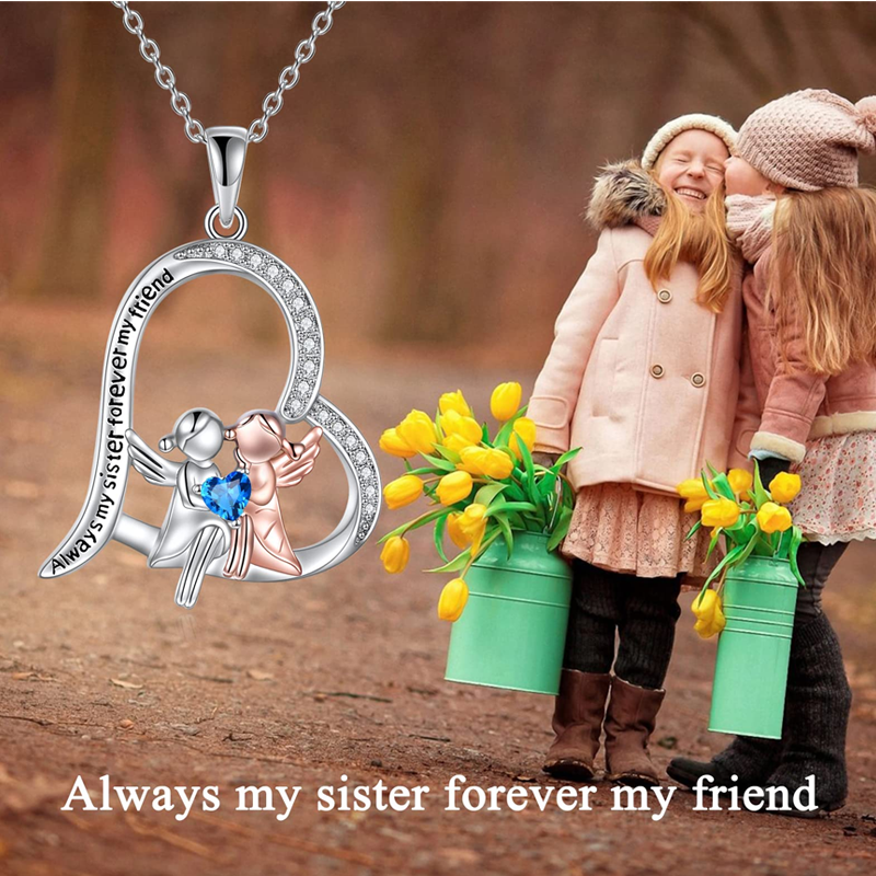 Sterling Silver Two-tone Blue Cubic Zirconia Sisters Heart Engraved Necklace for Women-5
