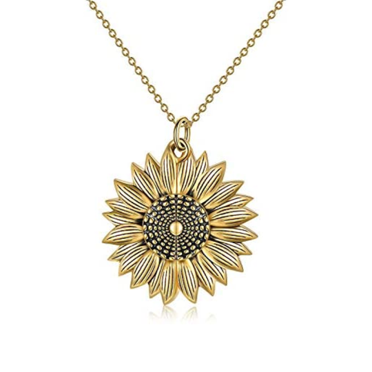 Zweifarbige Halskette aus Sterlingsilber mit Sonnenblume und blauer Zirkonia, graviert für Damen