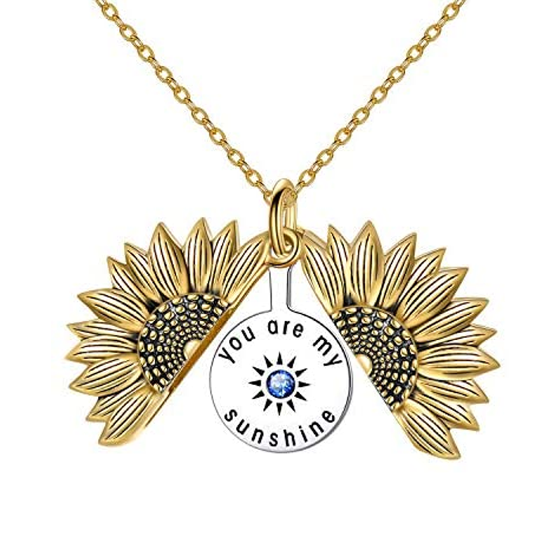 Sterling Silver Two-tone Blue Cubic Zirconia Sunflower Engraved Necklace for Women-3