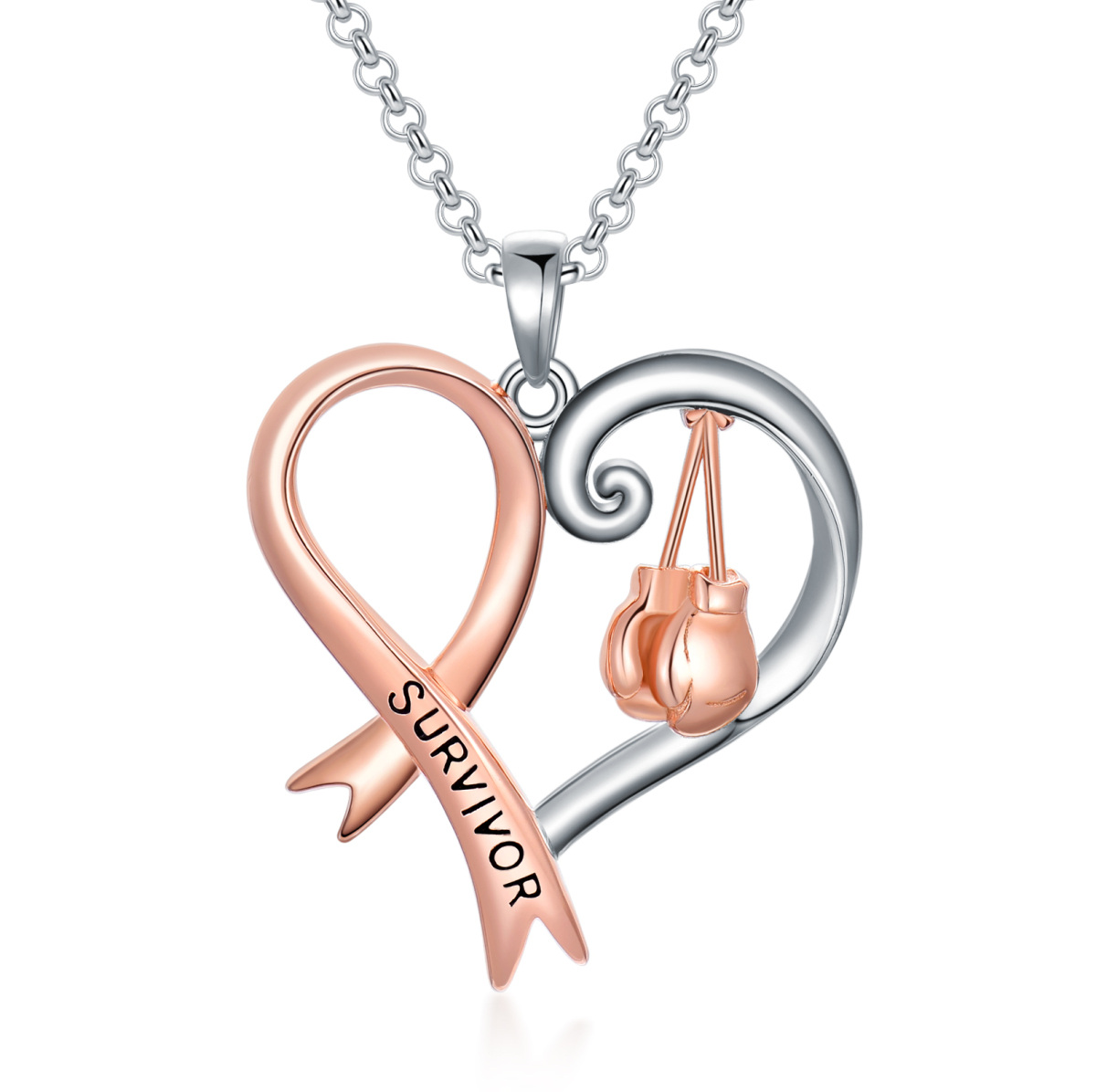 Collar con colgante de cinta en forma de corazón y cáncer de mama en dos tonos de plata de ley con palabra grabada-1