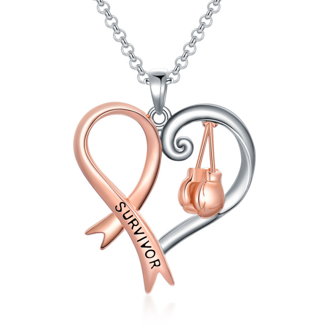 Sterling Silver Two-tone Breast Cancer & Heart & Ribbon Pendant Necklace with Engraved Word-1