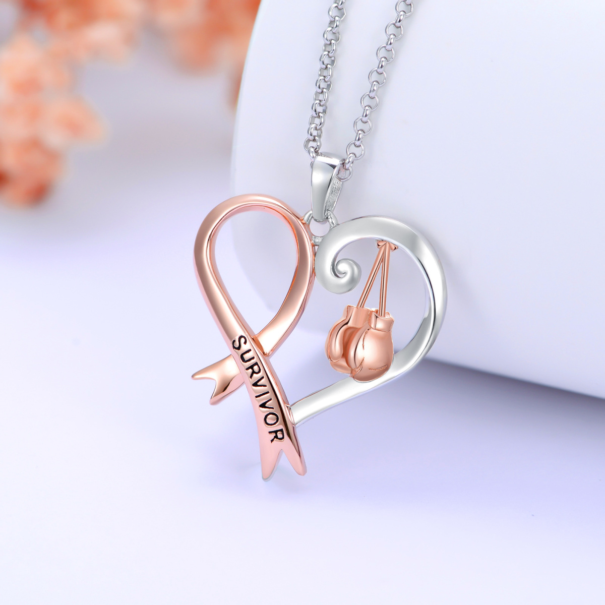 Collar con colgante de cinta en forma de corazón y cáncer de mama en dos tonos de plata de ley con palabra grabada-3