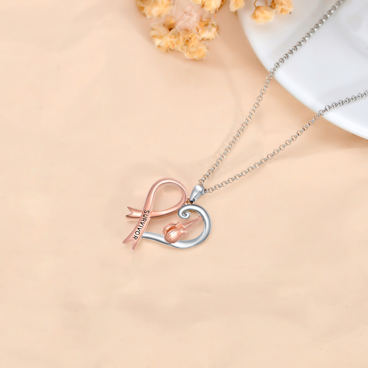 Sterling Silver Two-tone Breast Cancer & Heart & Ribbon Pendant Necklace with Engraved Word-4