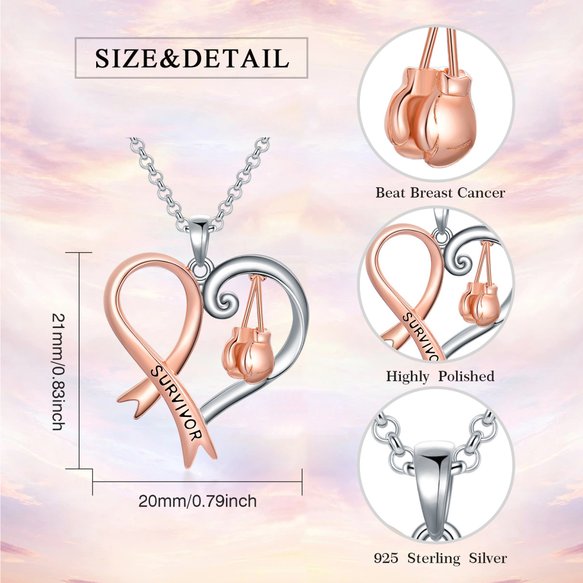 Sterling Silver Two-tone Breast Cancer & Heart & Ribbon Pendant Necklace with Engraved Word-5