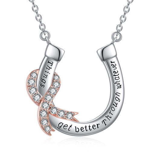 Sterling Silver Two-tone Breast Cancer Pendant Necklace with Engraved Word