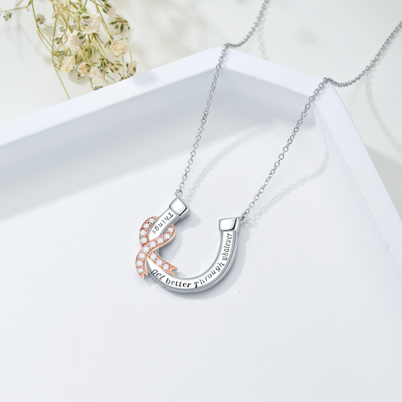 Sterling Silver Two-tone Breast Cancer Pendant Necklace with Engraved Word-3