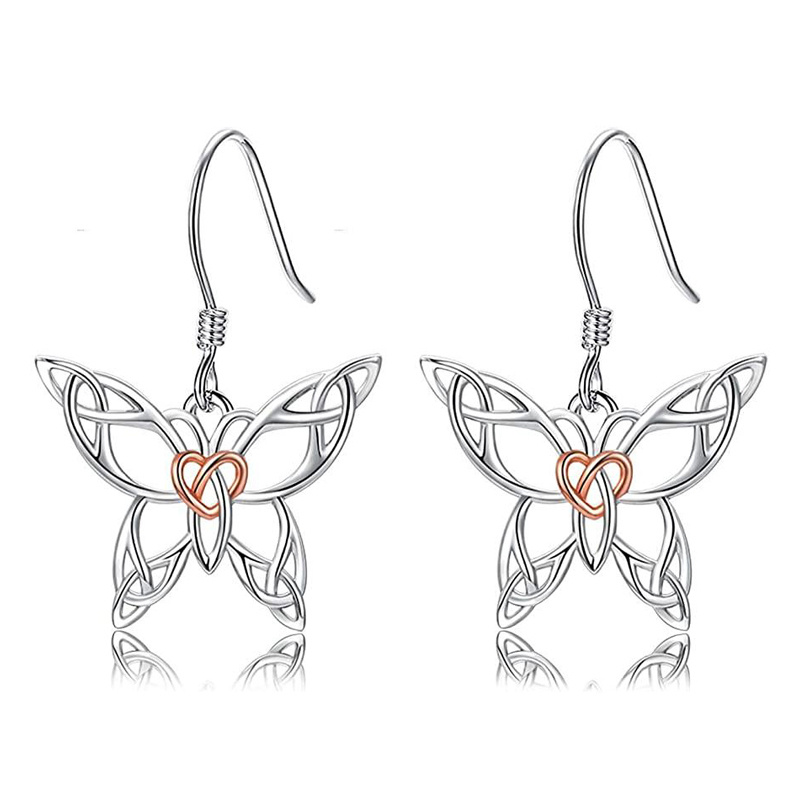 Pendientes de plata de ley bicolor con mariposa y nudo celta-1