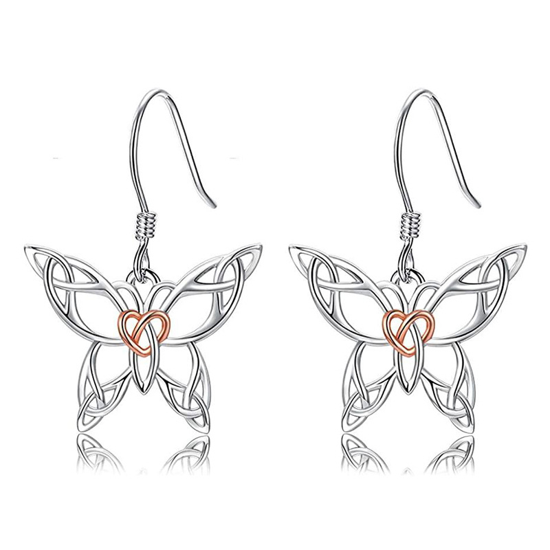 Sterling Silver Two-tone Butterfly & Celtic Knot Drop Earrings-1