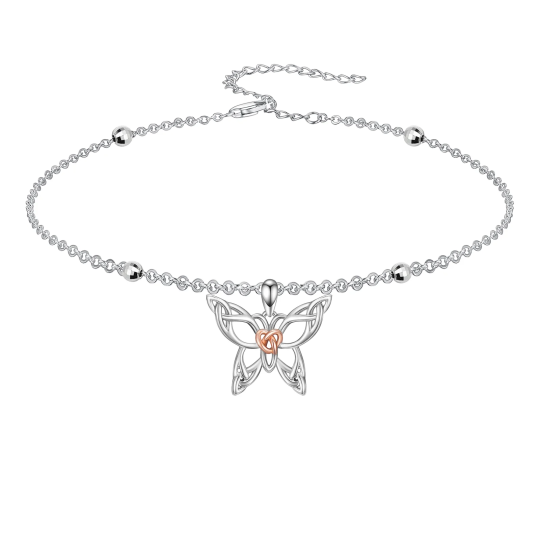 Sterling Silver Two-tone Butterfly & Celtic Knot Single Layer Anklet