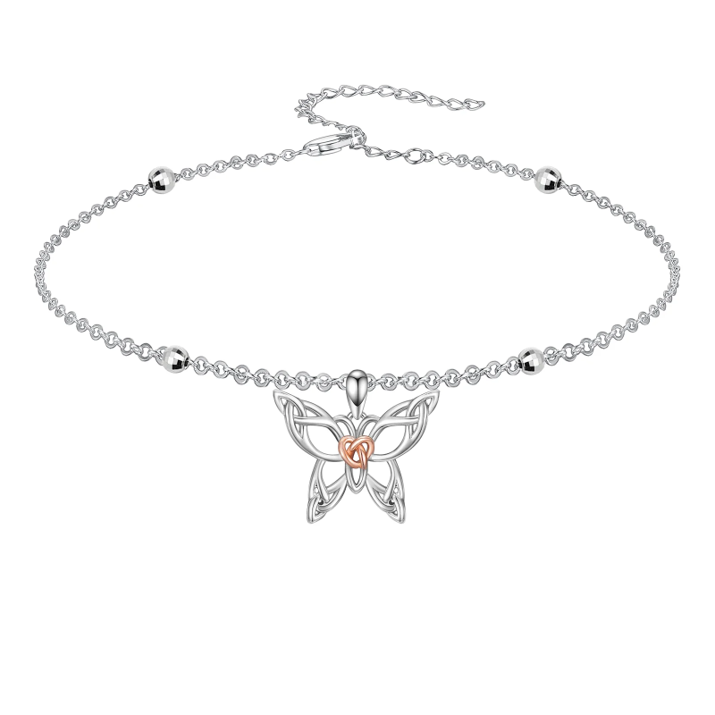 Sterling Silver Two-tone Butterfly & Celtic Knot Single Layer Anklet-2