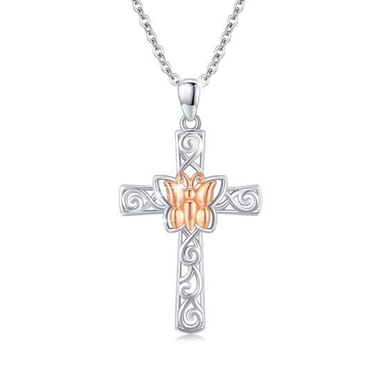 Collier en argent sterling avec pendentif papillon et croix bicolore