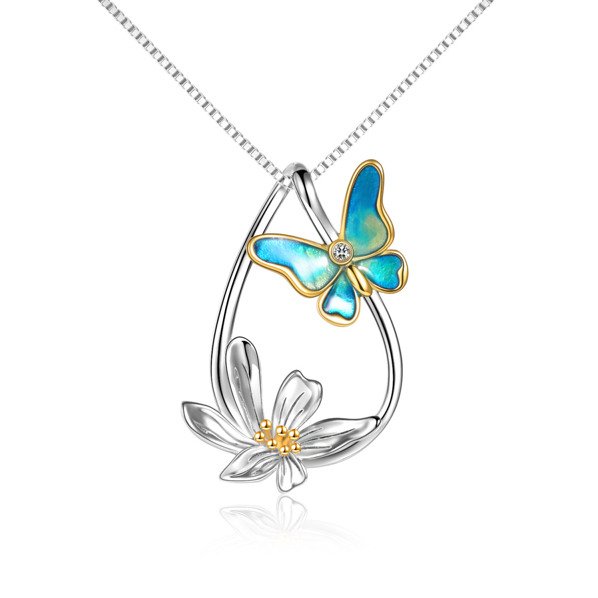 Sterling Silver Butterfly & Daisy Teardrop Pendant Necklace For Women-1