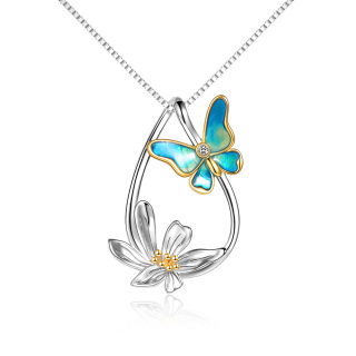 Sterling Silver Butterfly & Daisy Teardrop Pendant Necklace For Women-60