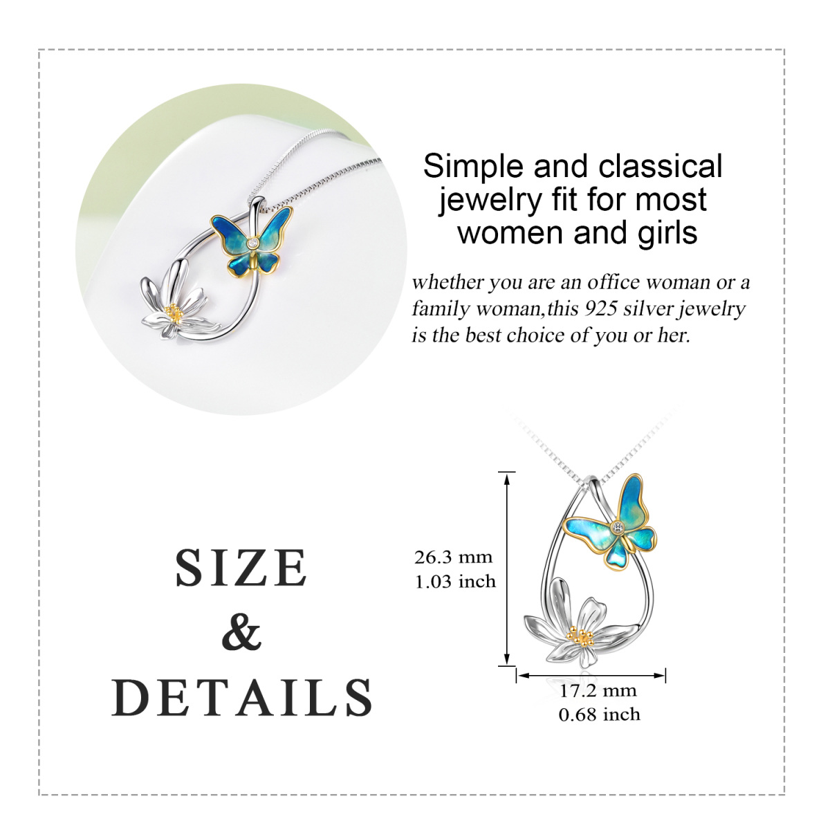 Sterling Silver Butterfly & Daisy Teardrop Pendant Necklace For Women-5