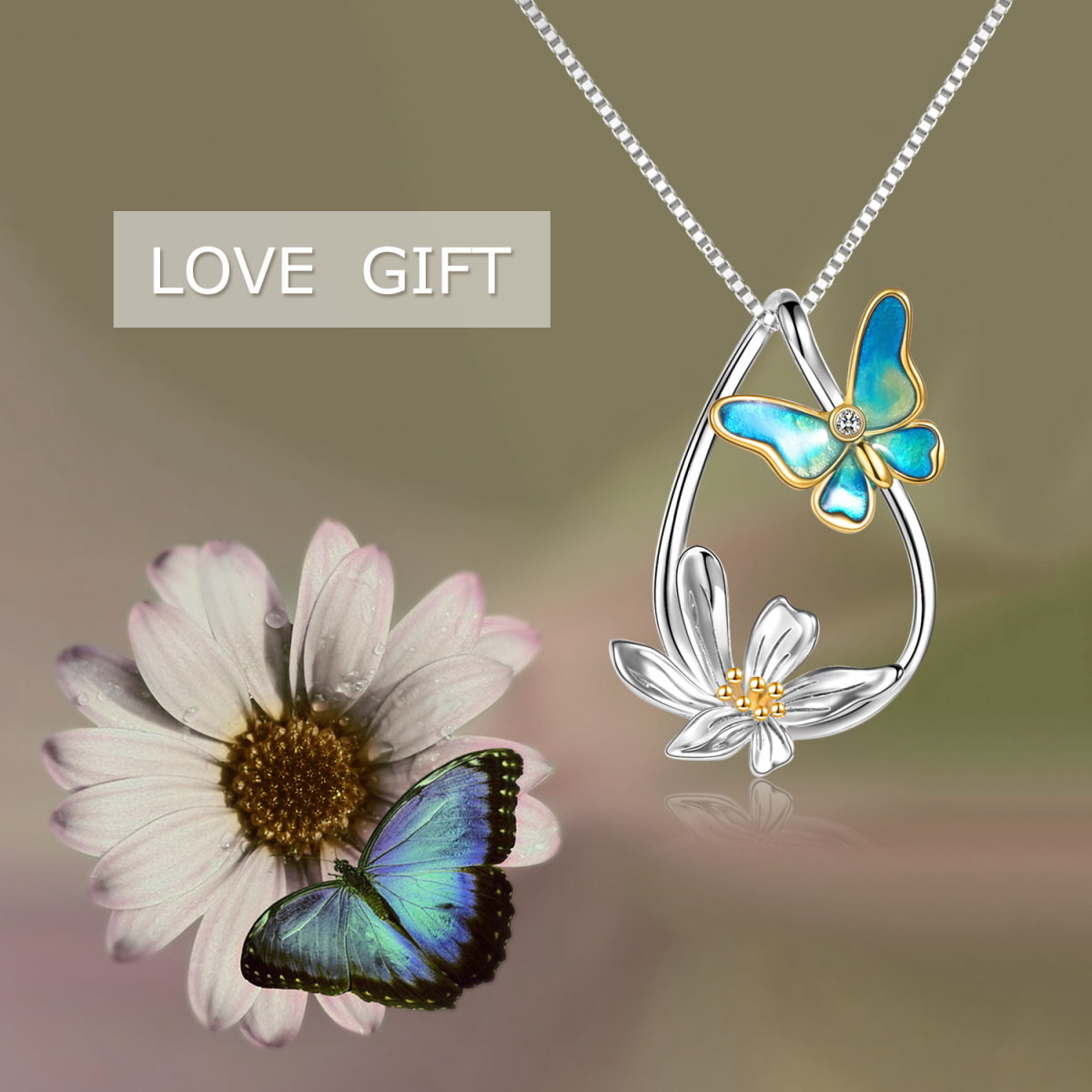 Sterling Silver Butterfly & Daisy Teardrop Pendant Necklace For Women-6