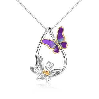Sterling Silver Butterfly & Daisy Teardrop Pendant Necklace For Women-7