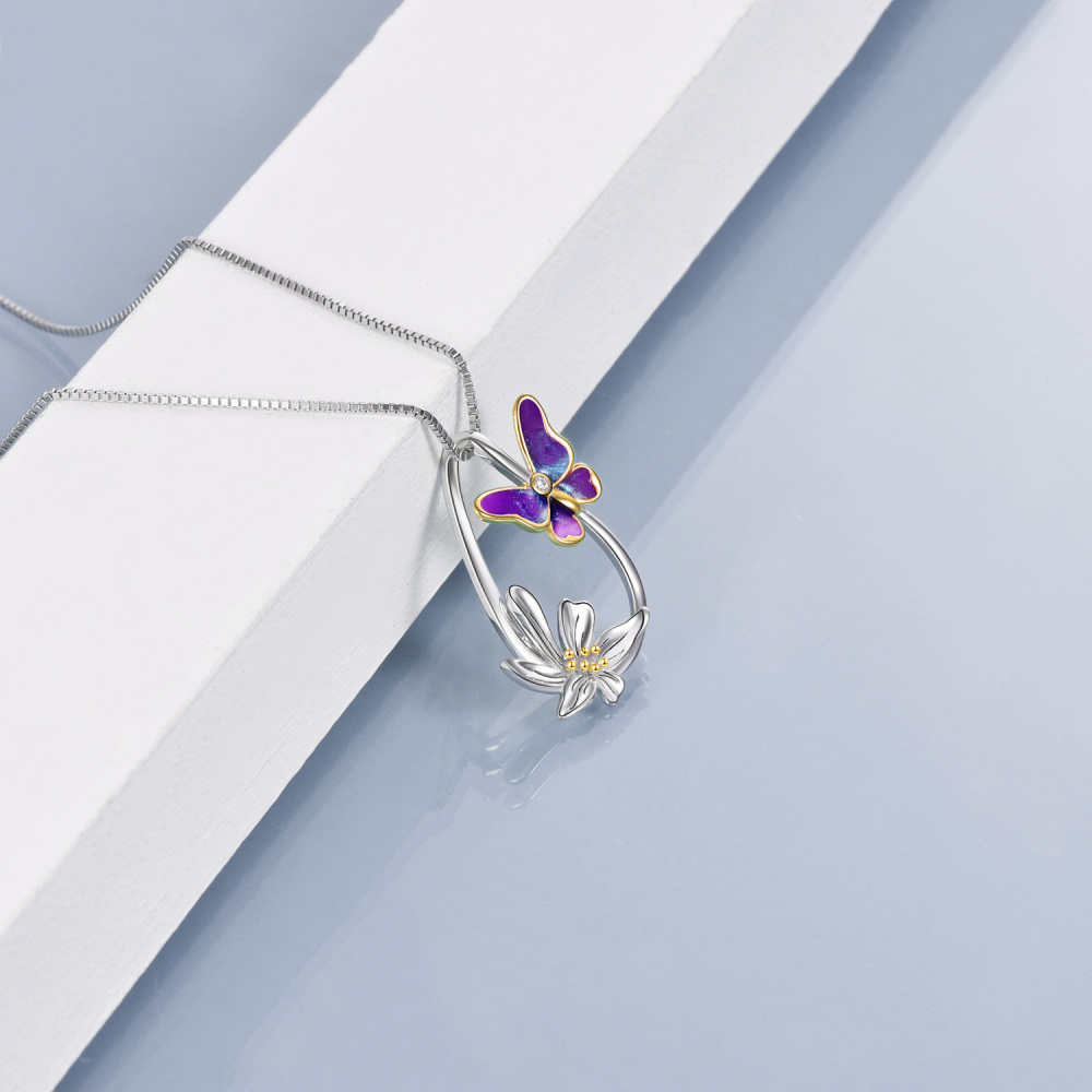 Sterling Silver Butterfly & Daisy Teardrop Pendant Necklace For Women-3
