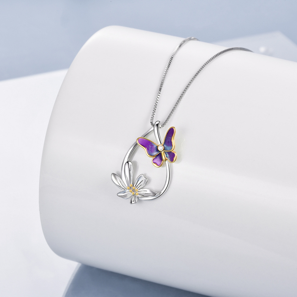 Sterling Silver Butterfly & Daisy Teardrop Pendant Necklace For Women-4